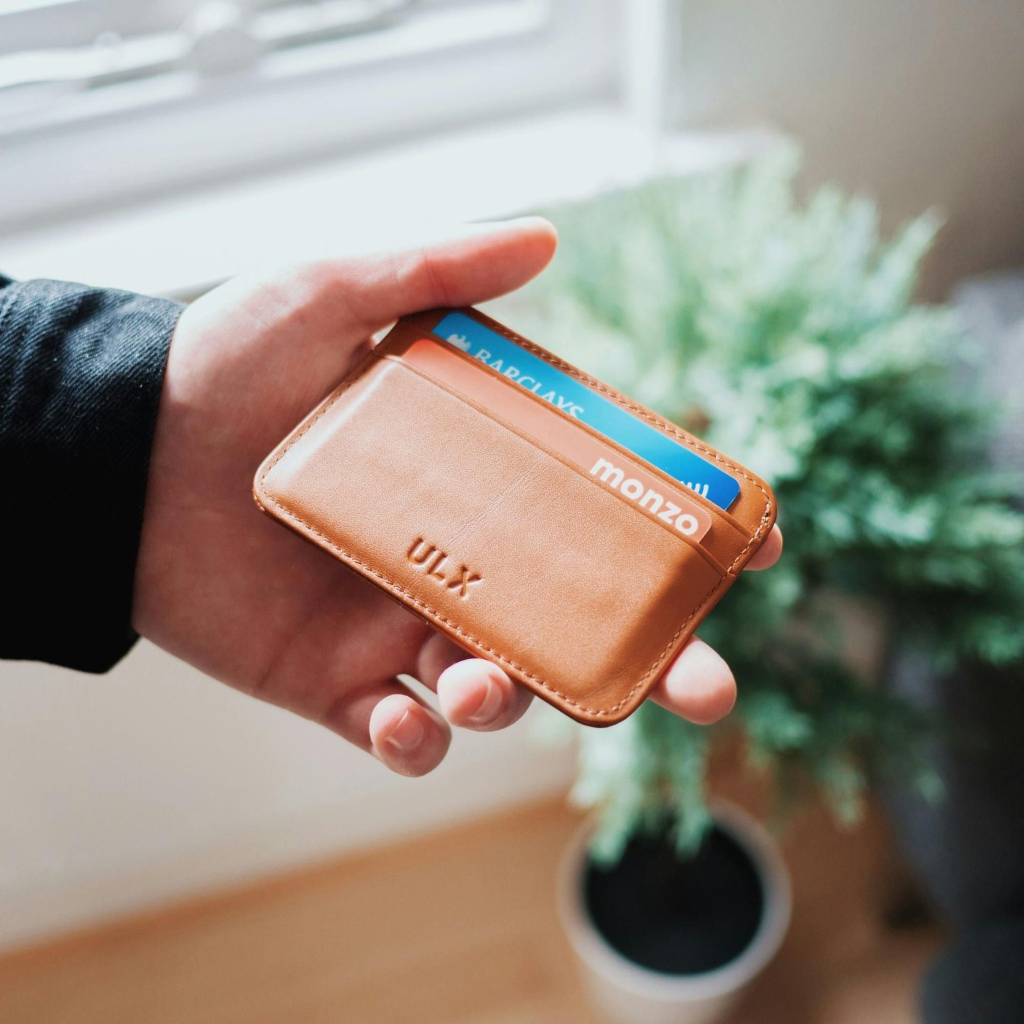 Close-up of a hand holding a card holder wallet with a few cards inside.