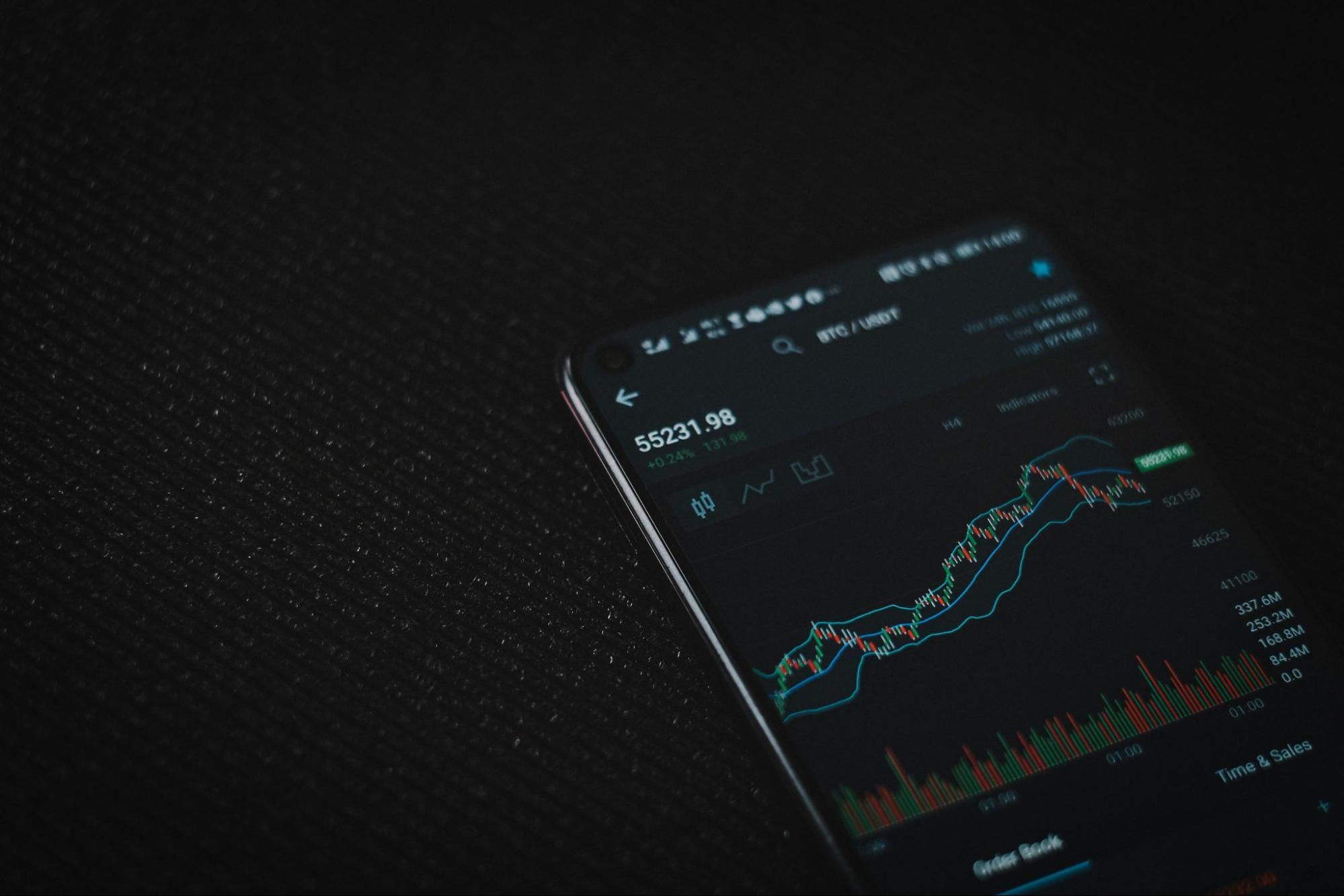 Phone screen showing stock performance and financial charts